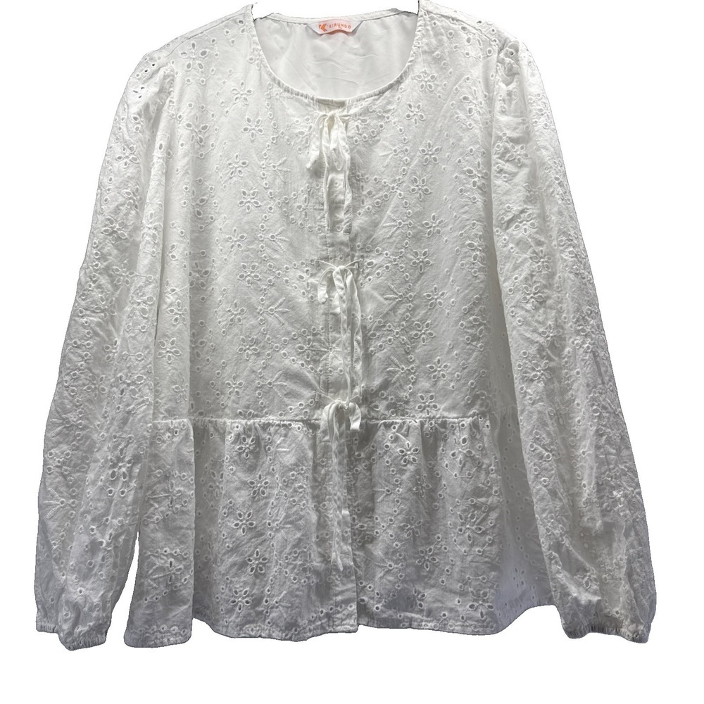 Kirundo Women's Top Blouse Size XL White Eyelet Feminine Long Sleeve Ruffles